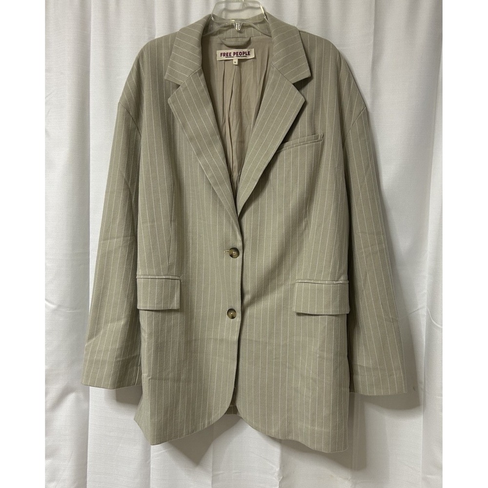 Free People Blazer Womens Beige Neutral Striped 2-Button Casual XL Oversized